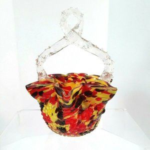 1920s Czech Art Glass Basket FRANZ WELZ Twisted Thorn Loop Red Yellow Black BOHO